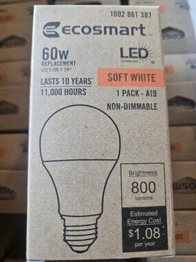 20 Ecosmart LED Light Bulbs 60 Watt Non-dimmable Lasts 10 yrs soft white qty 20